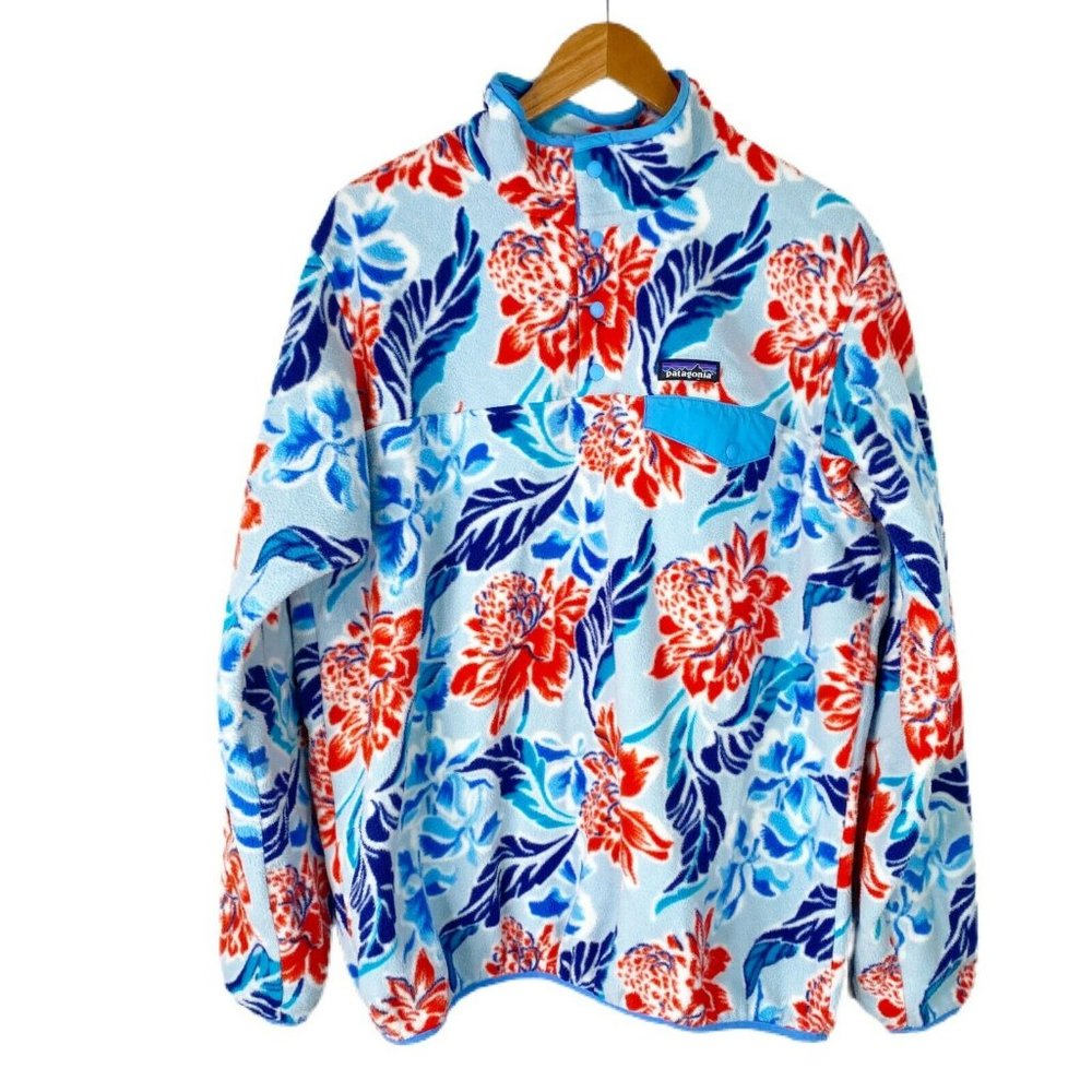 Patagonia Synchilla Womens Blue Manoa Floral Hawaiian Snap T Jacket Size XL